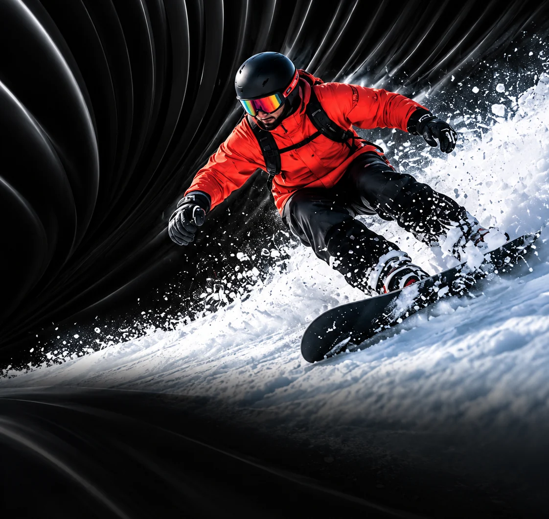 Snowboarder în geacă roșie coborând prin zăpadă