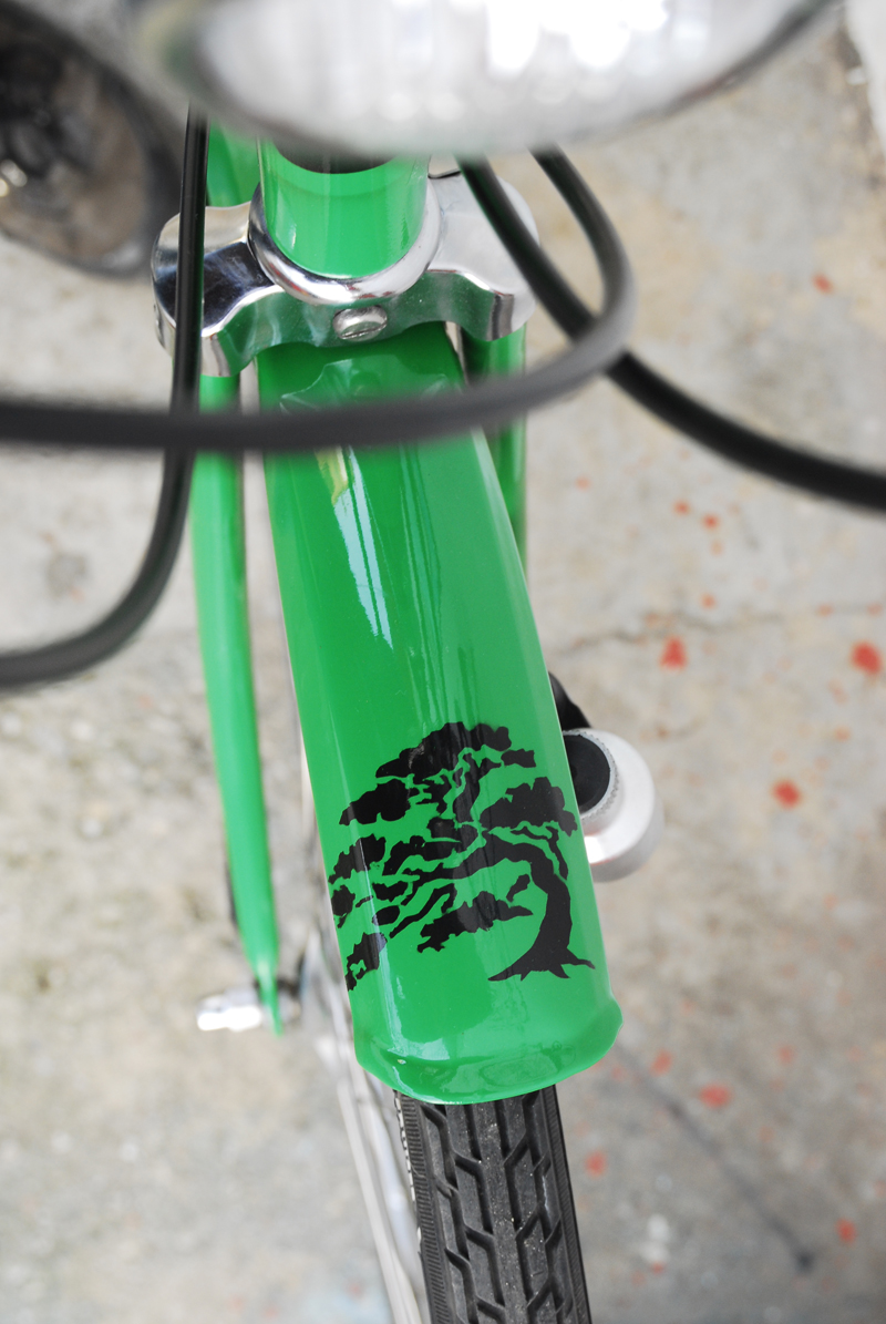 bici verde - copac Un copac de întâmpinare a oraşului, pe apărătoarea din faţă